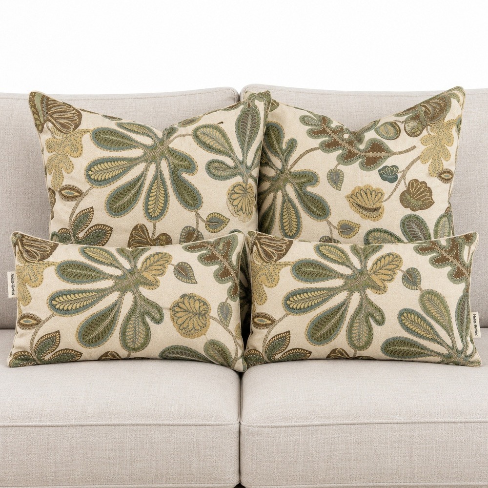 Set of 4 Jacquard Tropical Leaf Pillow Covers 20x20 12x20 Botanical Green Earthy